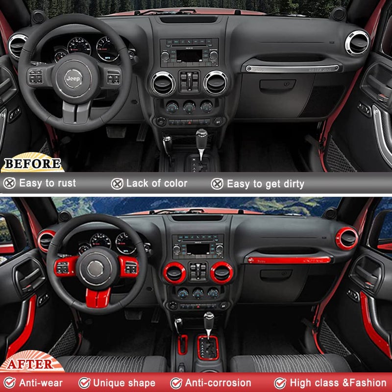 Opall Full Set Interior Decoration Kit - Steering Wheel & Center Console Air Outlet Trim, Door Handle Cover Inner, Passenger Seat Handle Trim for Jeep Wrangler JK JKU (18 X Red) - Image 2